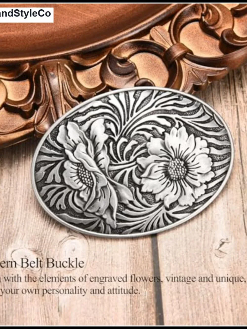 Vintage Engraved Flower Western Belt Buckle Metal Alloy for Men Women